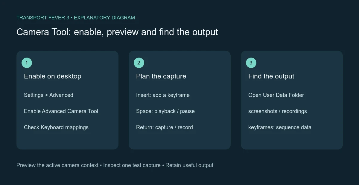 Camera Tool: enable, preview and find the output shown as a three-step explanatory diagram