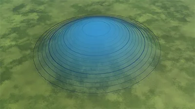 Blue circular terrain brush over a hill with visible contour lines