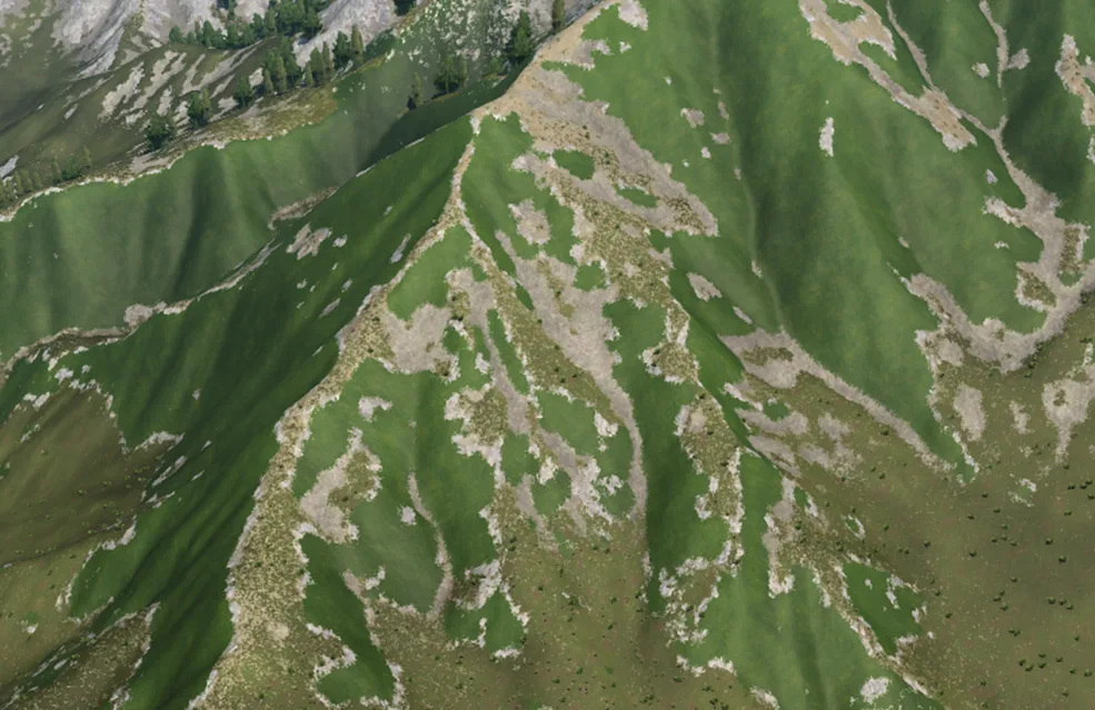 Terrain painting restricted to steep parts of the hillside